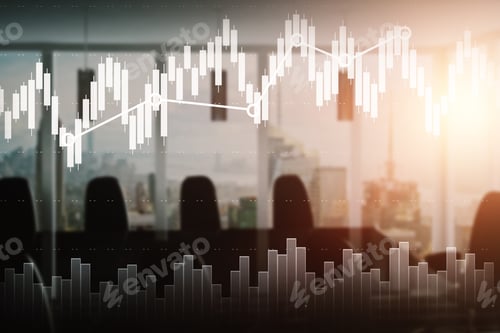 Preview: Modern Blurry Meeting Room With Equipment, City View And Forex Chart. Trading Concept. Double