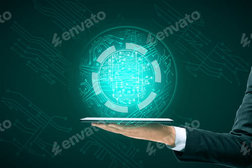 Preview: Close Up Of Businessman Hand Holding Tablet With Abstract Glowing Digital Circuit Sphere On Blue