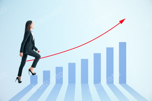 Preview: Attractive Young European Businesswoman Walking On Blue Business Chart And Red Arrow. Finance