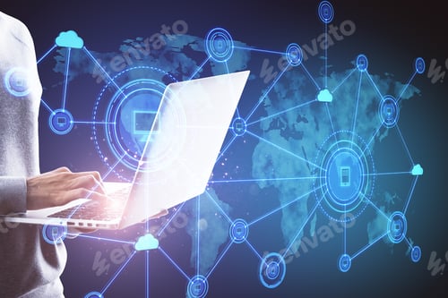 Preview: Hand Using Notebook With Abstract Computer Map And Digital Icons Hologram On Blue Background. Cloud