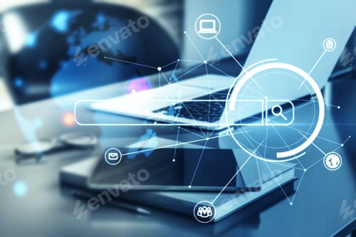 Preview: Close Up Of Workplace With Laptop, Tablet, Other Items And Digital Search Bar Hologram And