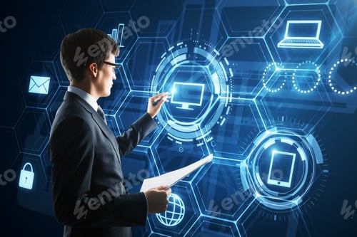 Preview: Businessman With Digital Business Interface. Innovation And Chart Concept. Double Exposure
