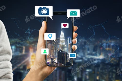 Preview: Close Up Of Hand Holding Cellphone Device With Abstract Polygonal Mesh, Camera, Location Pin, Email