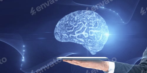 Preview: Close Up Of Businessman Hand Holding Tablet With Low Polygon Brain Wireframe Mesh On Blue