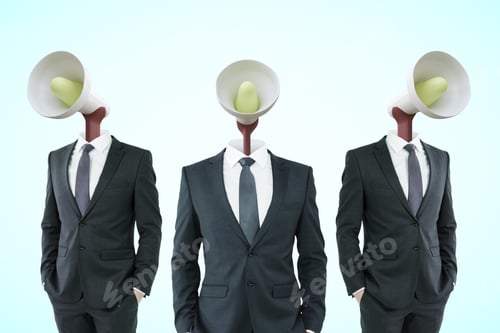 Vista previa: Megaphone Headed Businessmen On Blue Background. Announcement Concept