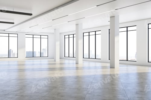 Preview: Modern Empty Concrete Room Interior With Windows, City View, Sunlight And Shadows. 3D Rendering