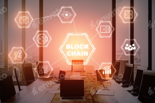 Preview: Close Up Of Table With Equipment In Conference Room With Digital Block Chain Hologram. Future