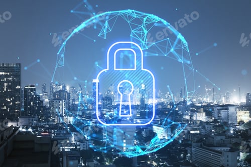 Preview: Abstract Glowing Polygonal Sphere With Glowing Digital Padlock On Blurry Night City Background