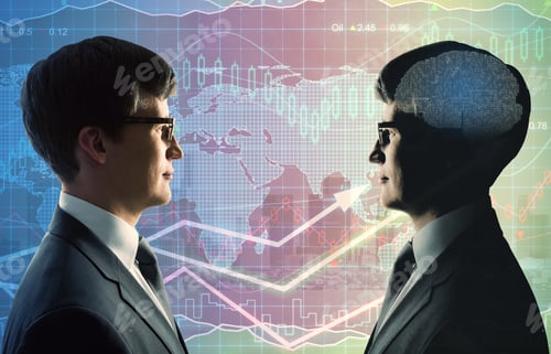 Preview: Side View Of Businessmen With Tech Brain On Abstract Forex City Background. Teamwork, Artificial