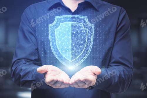 Preview: Businessman Holding Creative Polygonal Shield On Blurry Background. Internet Safety Concept. Close