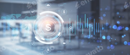 Preview: Creative Glowing Round Dollar Chart Hologram On Blurry Wide Office Interior Workplace Background