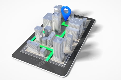Preview: City Navigation Concept With Cell Phone With 3D Buildings And Paved Route