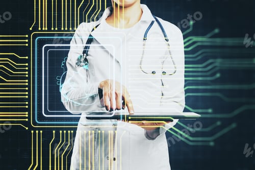 Preview: Wooman Doctor Using Tablet With Creative Glowing Digital Heart Futuristic Interface Hologram