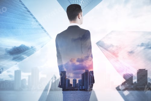 Preview: Back View Of Young Businessman Standing On Abstract City Background With Mock Up Place. Success And