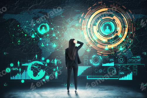 Preview: Back View Of Young Businesswoman Looking At Large Glowing Business Interface With Map. Network And