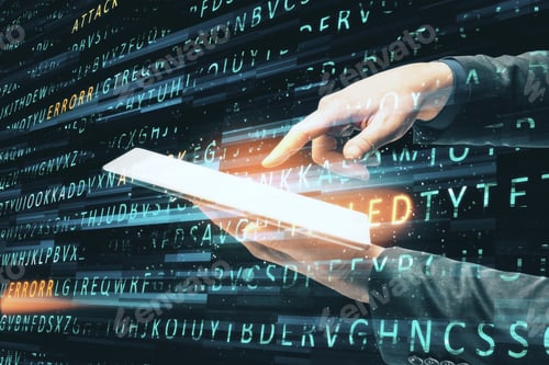 Preview: Hand Using Tablet On Creative Hacking Background. Hacking And Creativity Concept.