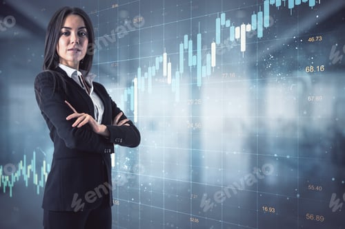 Preview: Confident Businesswoman In Black Suit With Smile On Virtual Wall Background With Digital Growing