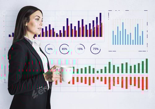 Preview: Attractive Young Businesswoman With Coffee Cup Standing On Concrete Wall Background With Business