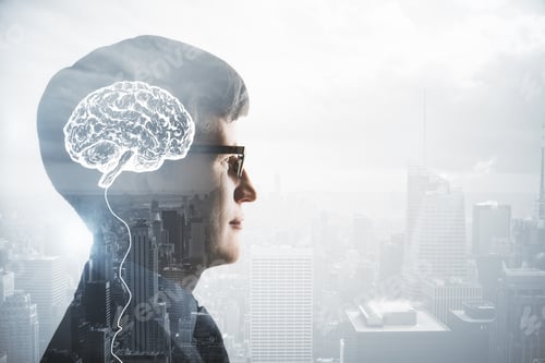 Preview: Artificial Intelligence, Ai Technology, Thinking Concept With Businessman Head With Digital Brain
