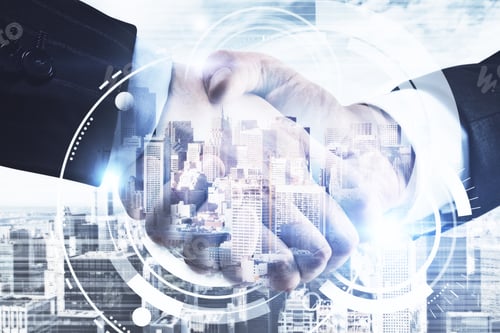 Preview: Close Up And Side View Of Handshake On City Background With Digital Pattern. Web Business Concept
