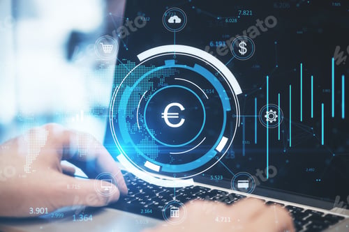 Preview: Close Up Of Businessman Hands Using Laptop With Creative Glowing Round Euro Chart Hologram On