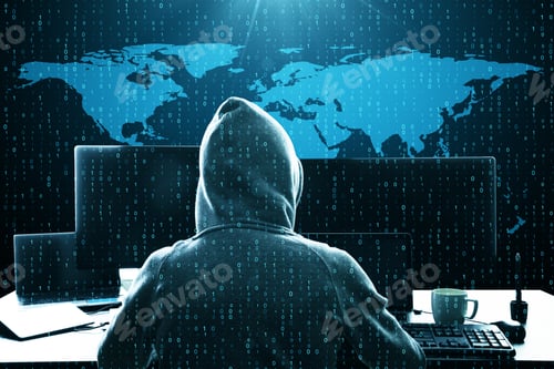 Preview: Hacker Using Computer At Desk With Map And Binary Code. Computing And Malware Concept. Double