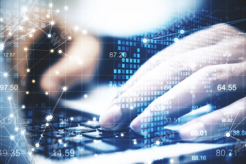 Preview: Hand Typing On Laptop And Scatter Charts With Digital Earth. Global Business And Communication