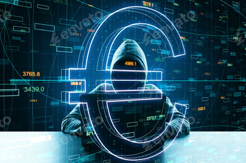Preview: Malware And Hacking Concept With No Face Hacker Using Laptop And Big Glowing Euro Sign At Abstract
