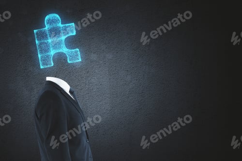 Preview: Side View Of Puzzle Headed Man Standing On Abstract Background With Copy Space. Teamwork Concept