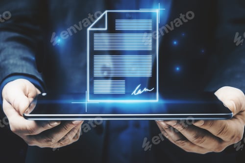Preview: Close Up Of Businessman Hands Holding Tablet With Abstract Digital Document Hologram. Electronic