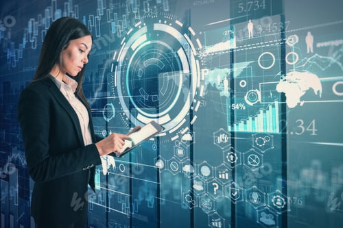 Preview: Attractive Young European Businesswoman Using Tablet With Creative Business Hologram On Blurry City
