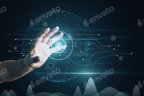Preview: Close Up Of Man Hand Pointing At Abstract Glowing Polygonal Sphere And Digital Business Interface