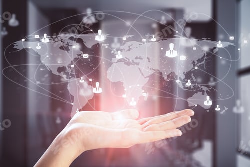 Preview: Female Hand Holding Glowing Map In Blurry Office Interior. Global Business And Network Concept