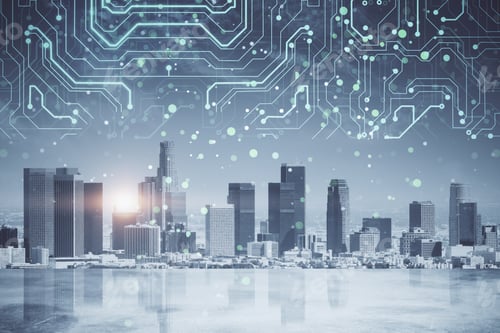 Preview: Abstract Glowing New York City Background With Circuit. Innovation And Technology Concept