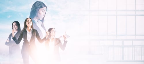 Preview: Businesswomen Working Together On Bright White City Background With Mock Up Place. Teamwork And