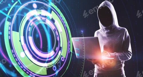 Preview: Hacker Using Laptop With Digital Business Interface. Hacking, Future And Computing Concept. Double