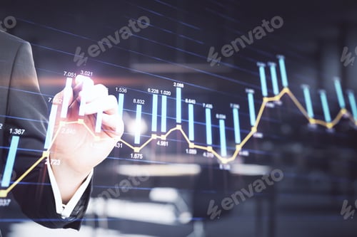 Preview: Businessman Hand Drawing Gloving Stock Graph With Candlestick Charts On Digital Screen. Business
