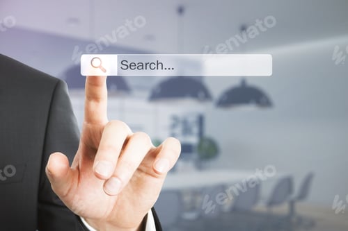 Preview: Man In Black Jacket Clicking Touch Screen With Search Address And Navigation Bar Icon At Meeting