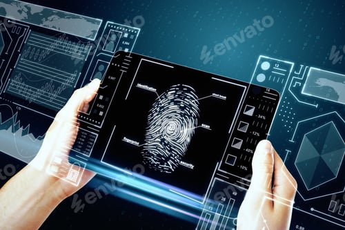 Preview: Hand Holding Smartphone With Creative Finger Print Scan Hologram On Blue Background. Id And