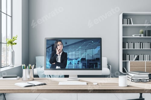 Preview: Close Up Of Computer With Businesswoman Giving Financial Education On Screen With Business Chart