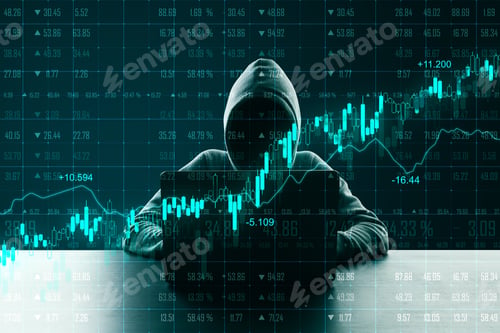 Preview: Hacker At Desktop Using Laptop With Glowing Forex Chart Interface On Blurry Background. Finance And