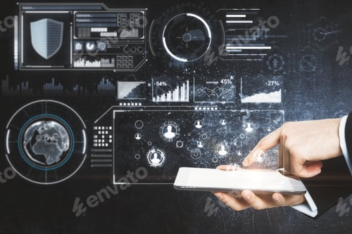 Preview: Hands Using Tablet With Glowing Digital Business Interface On Concrete Wall Background. Innovation