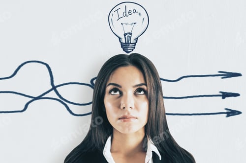 Preview: Portrait Of Attractive Young European Businesswoman With Arrows And Lamp Sketch On White