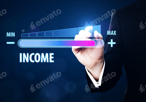 Preview: Businessman Hand Using Digital Level Selector On Blurry Bokeh Background. Innovation And Income