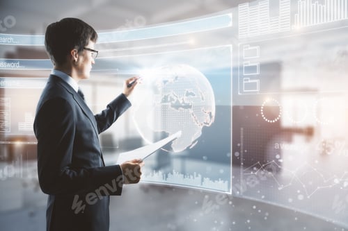 Preview: Side View Of Young Businessman Drawing Abstract Digital Business Interface In Blurry Office