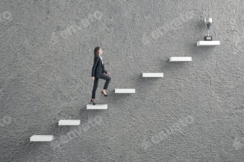 Preview: Side View Of Young Businesswoman Climbing Stairs To Success On Concrete Wall Background. Leadership