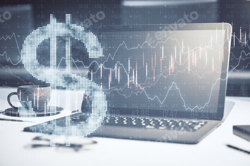 Preview: Laptop On Desktop With Dollar Symbol And Forex Chart In Office. Analytics And Trade Concept