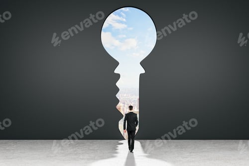 Preview: Back View Of Young Businessman In Abstract Black Interior With Keyhole Window And Sky View. Access