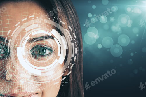 Preview: Portrait Of Attractive Young European Businesswoman With Abstract Face Interface On Blurry