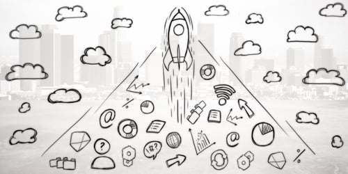 Preview: Abstract Business Sketch With Rocket Ship And Clouds On White City Background. Startup Concept